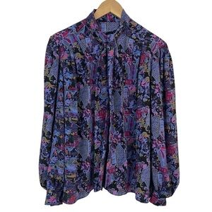 Vintage Handmade Button Up Blouse Womens L Purple Blue Modest High Neck EUC